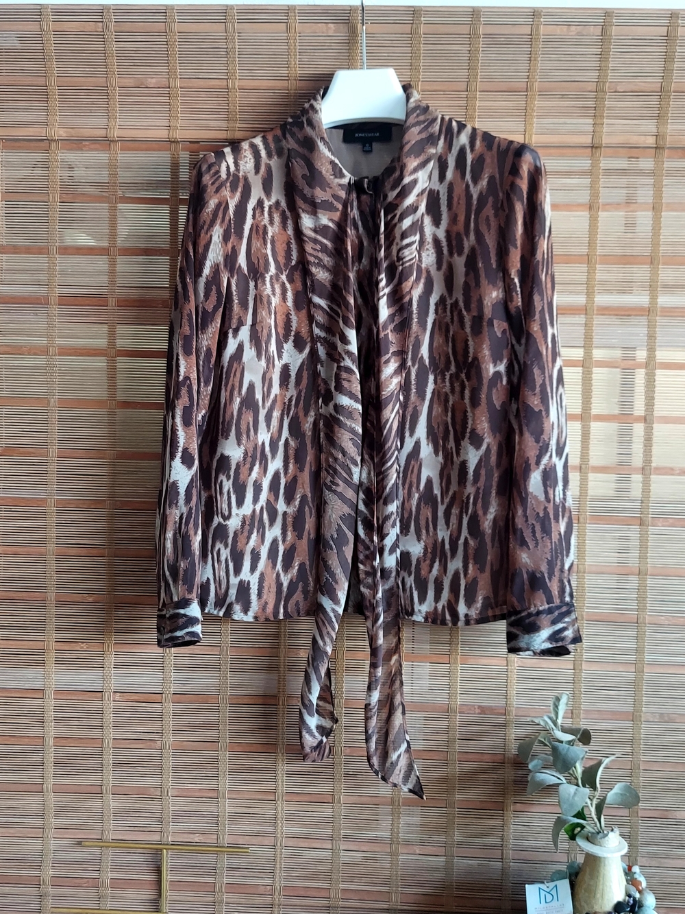 Animal Print Tie-Neck Blouse - Brown